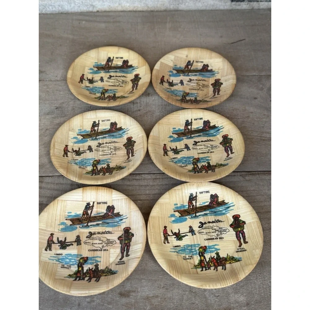 Set Of 6 Bamboo WOODEN‎ DRINK COASTERS - JAMAICA Vintage Jamaican Decor